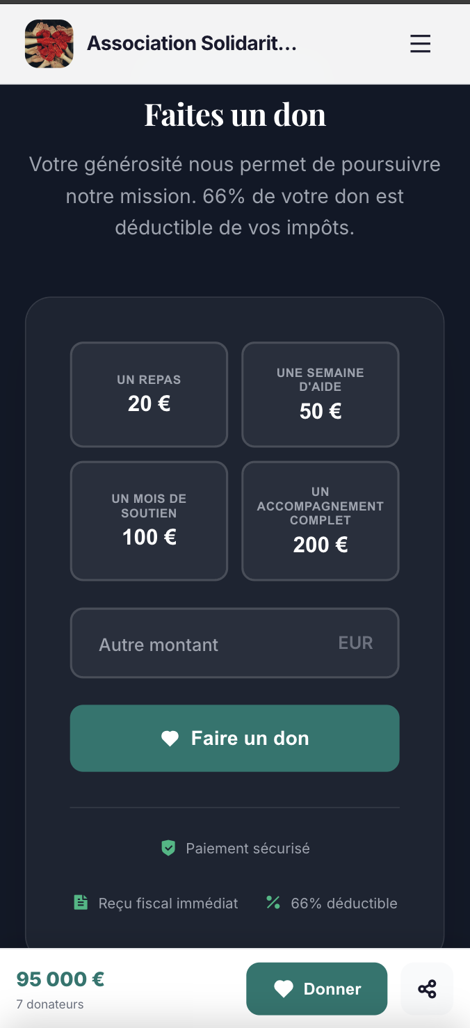 Page de don de l'association affichée dans l'application CerfApp